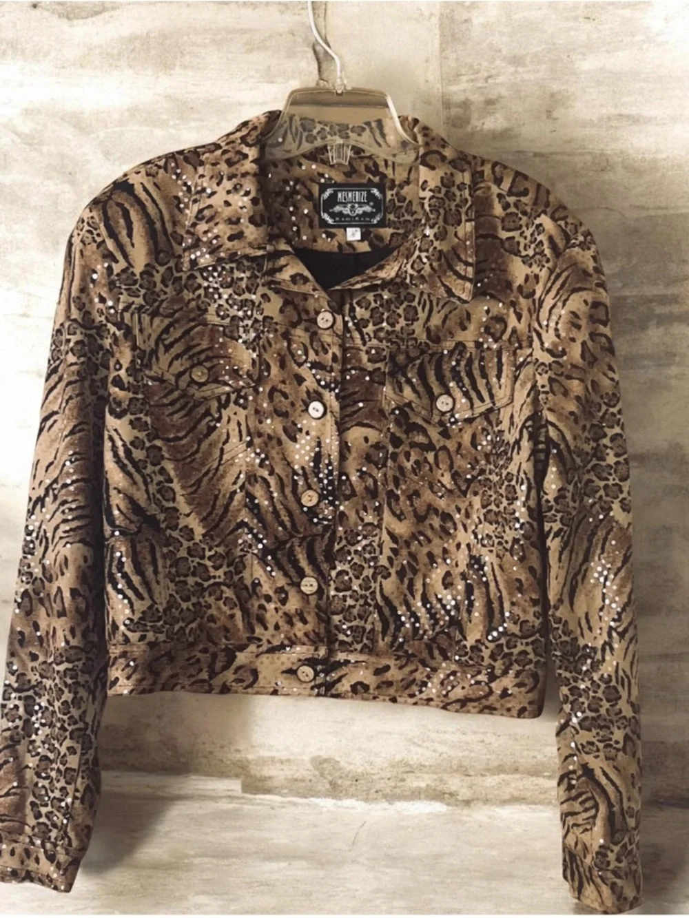 Mesmerize Leopard Tiger Print Cropped Jacket Small Western Glam Button Down - Picture 2 of 6